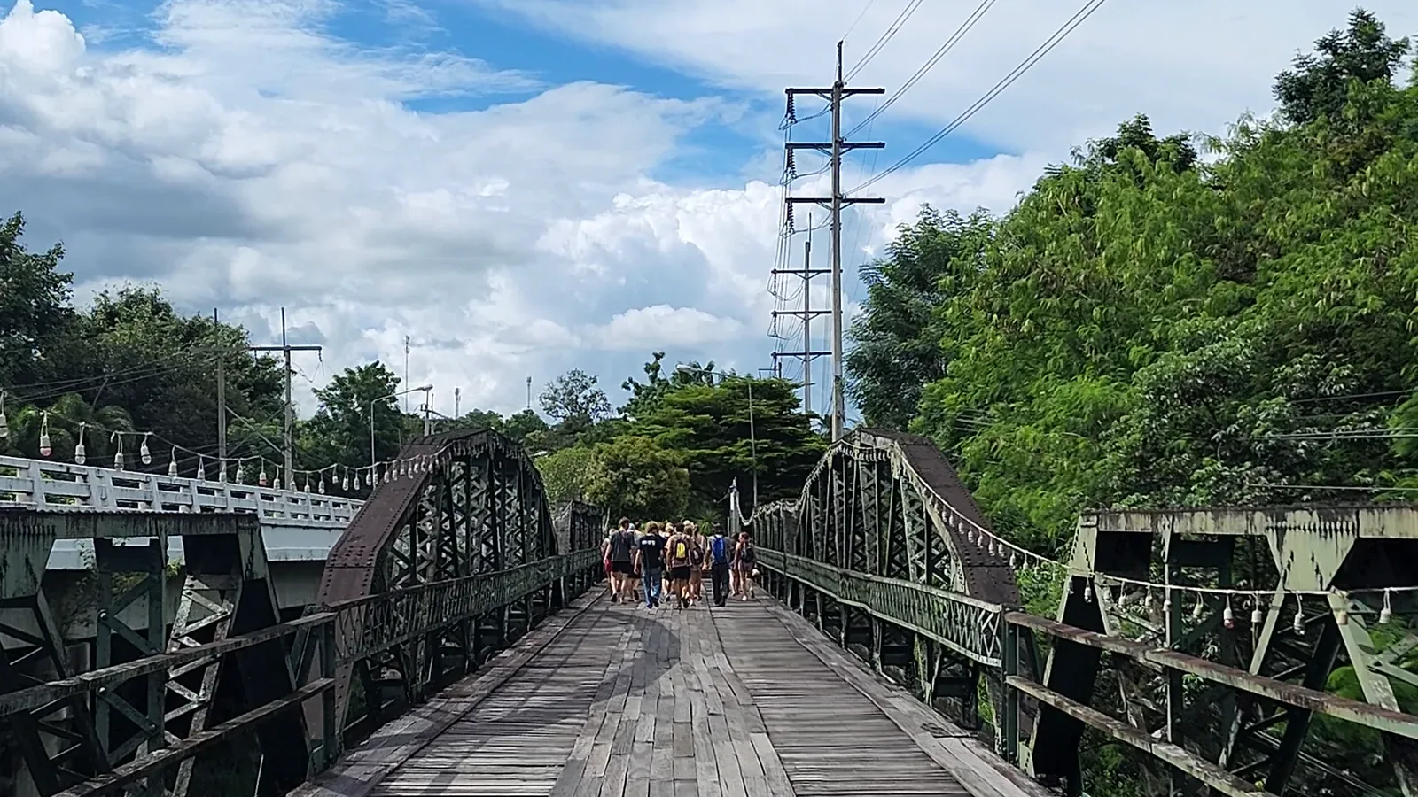 Looking along the steel trusses and timber deck of the Memorial Bridge