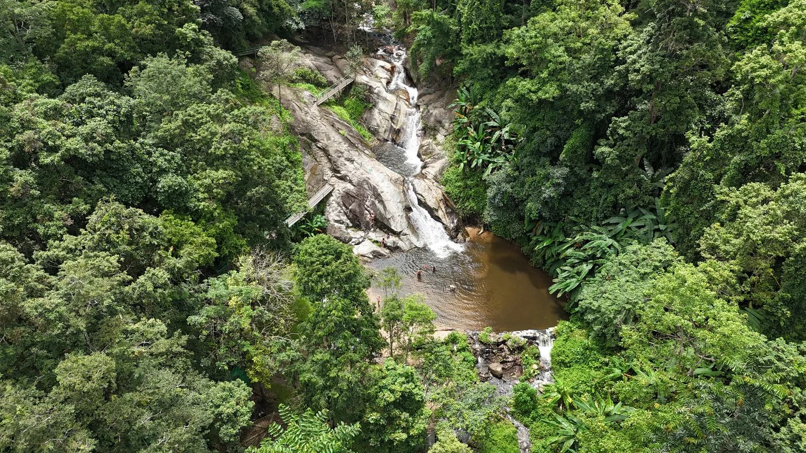 Mor Pang Waterfall and its pool in the forest, from above