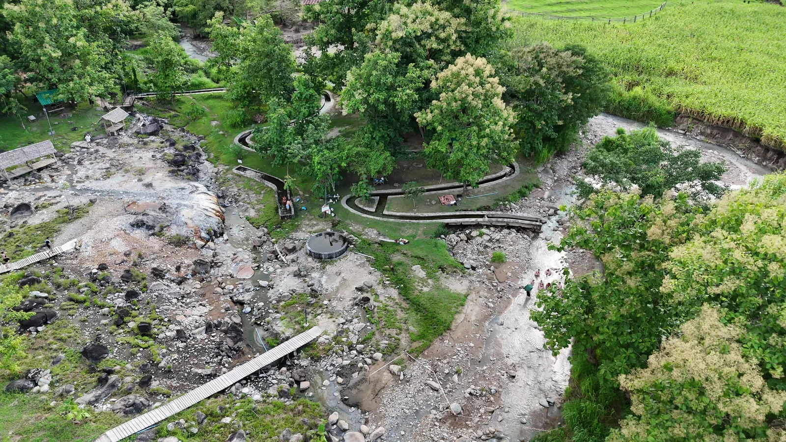 The Muang Paeng springs from above, with the channels and walkways between the trees