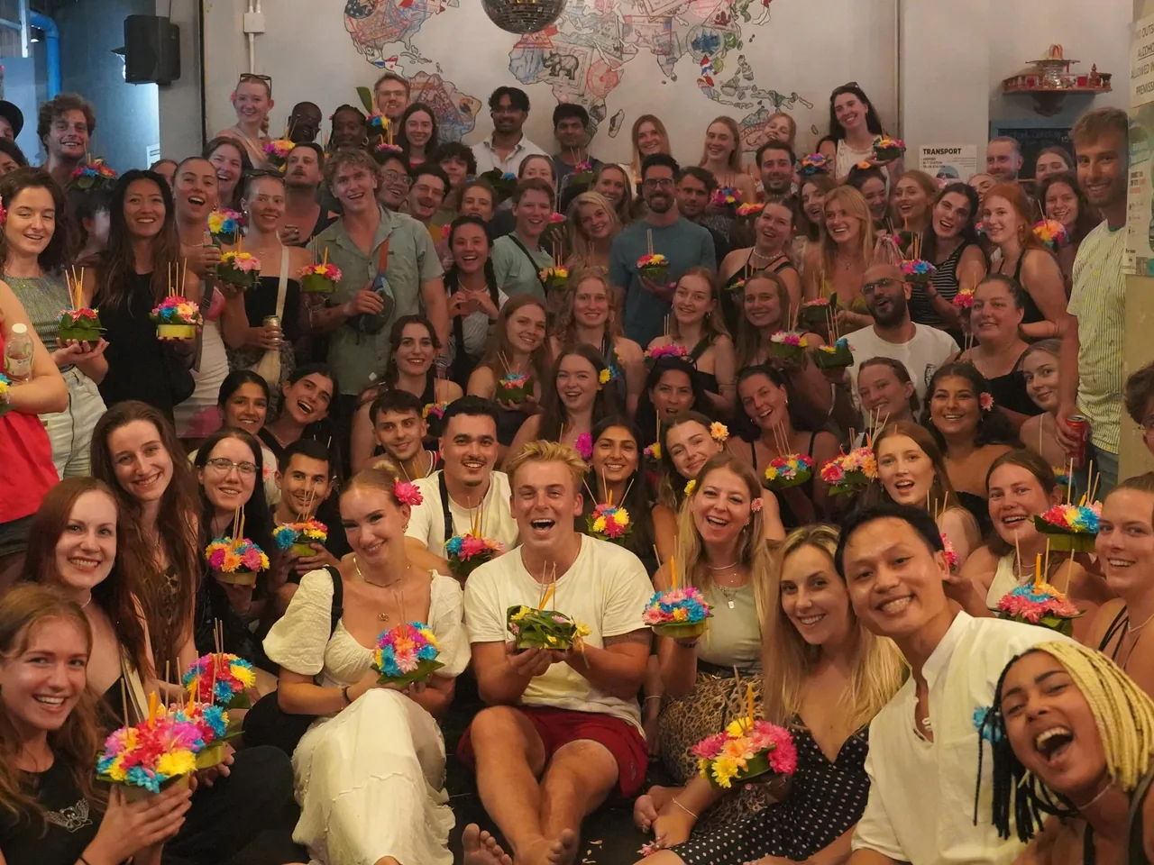 The Stamps Backpackers crew with their krathongs on Loy Krathong night